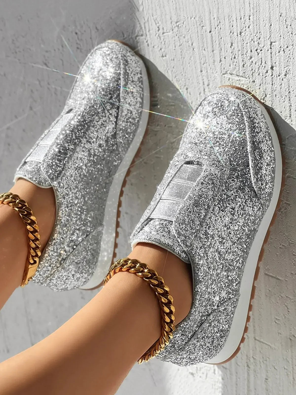 Glitter Round Toe Slip-On Canvas Sneakers for Women - Casual Sparkling Sport Shoes with Shallow Platform