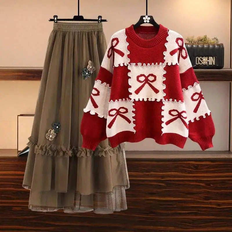 Cozy Senior Knitted Wool Sweater and Skirt Set