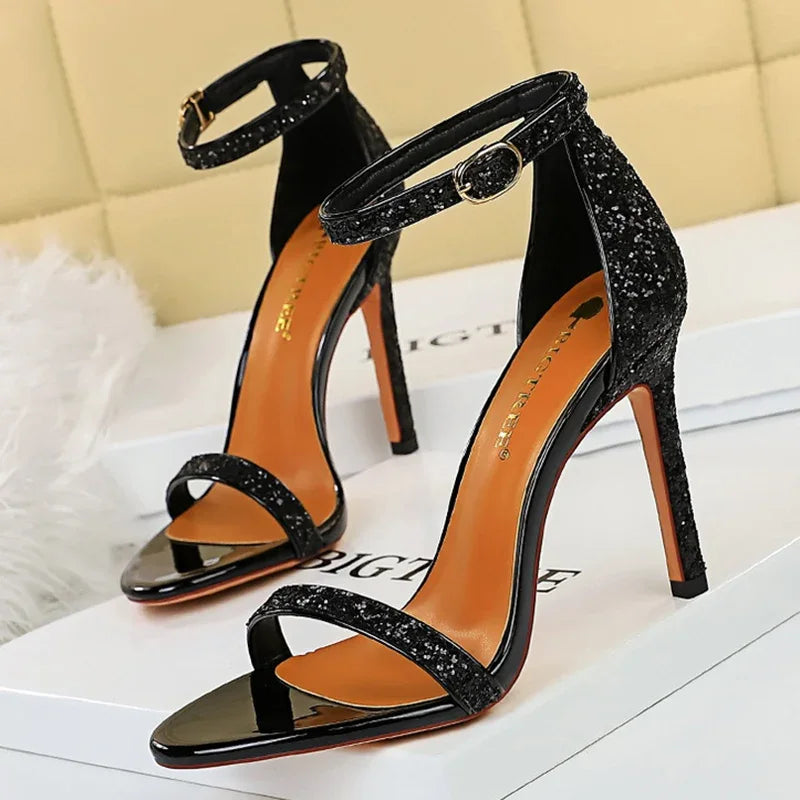 Women's Party-wear Platform Sandals 10cm High Heels Silver Bling Sequins Ankle Strap Sandals for Lady Wedding & Bridal Sparkly Shoes.