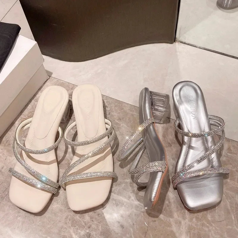 "Fashionable Women's Rhinestone-Embellished Low Heel Square Toe Sandals"