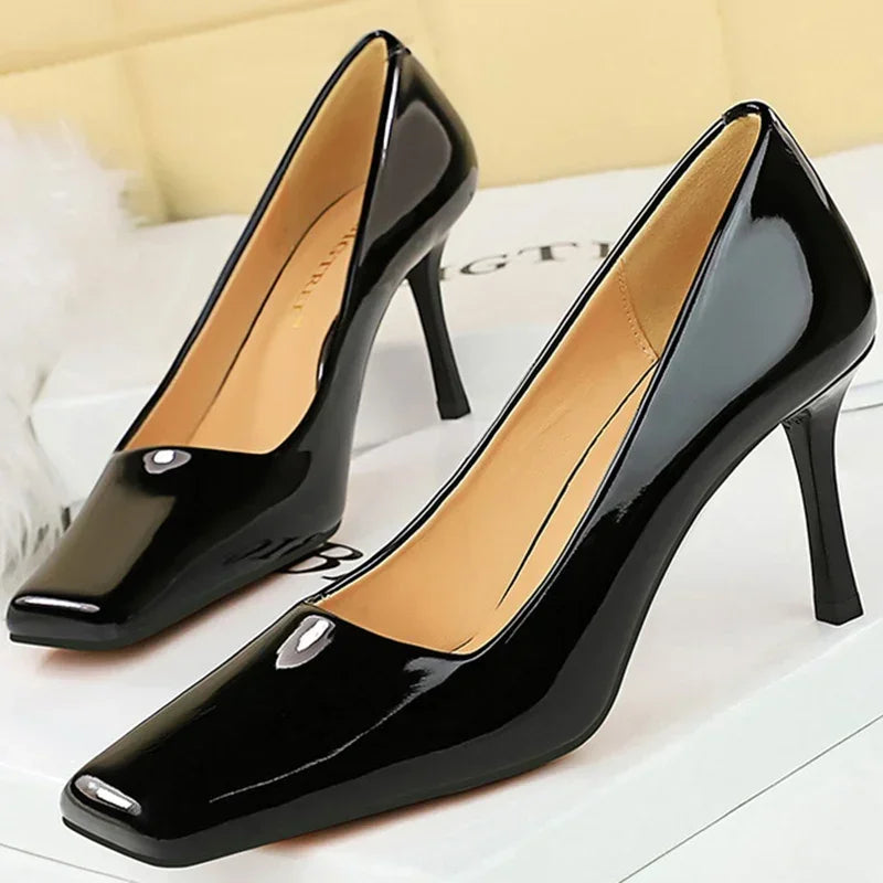 "Glossy Leather 8.5cm High Heels Pumps - Stylish Office & Prom Shoes for Women"