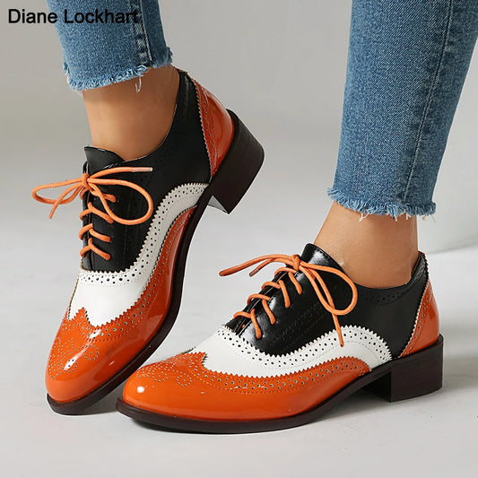 "Stylish Mixed Color Lace-Up Women's Oxfords - Casual PU Leather Brogues"