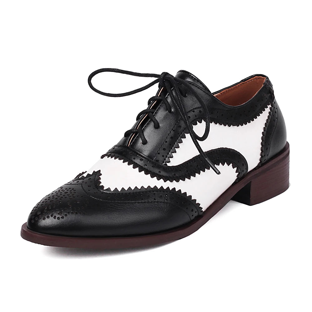 "Spring Women's Oxford Brogue Flats - Comfortable Black & White Derby Lace-up Loafers for Office"