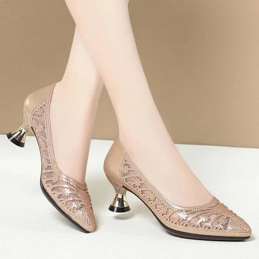 "Elegant Golden Hollow Out Square Heel Mesh Pumps for Women - Perfect for Spring & Summer Parties!"