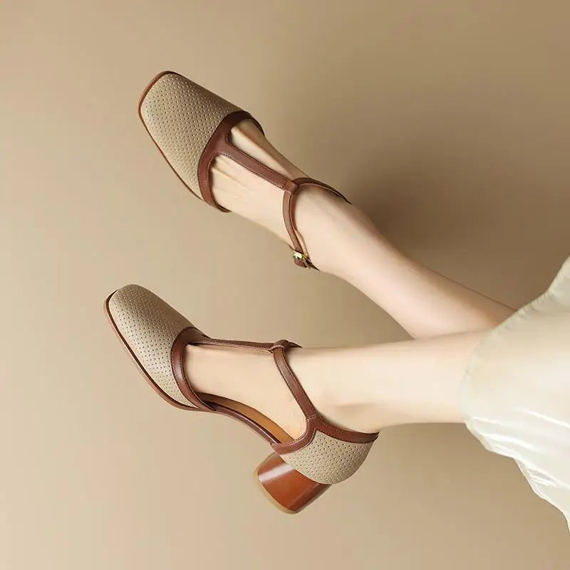 "Women's Summer Low-Heeled Square Hollow Head Casual Breathable Sandals"