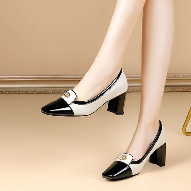 "High-Quality White Square Heel Shoes for Women - Classic Comfort for Spring, Summer, and Autumn with Metal Clip Detail"