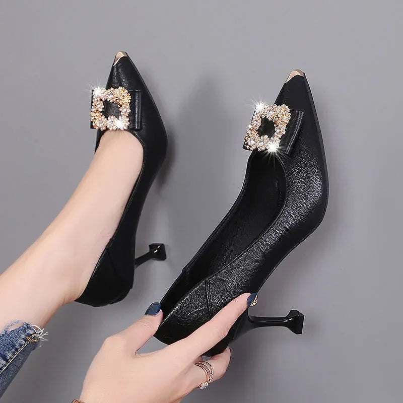 "Elegant Black Stiletto Heel Pumps with Metal Clips - Chic Comfort for Spring/Summer Night Out!"