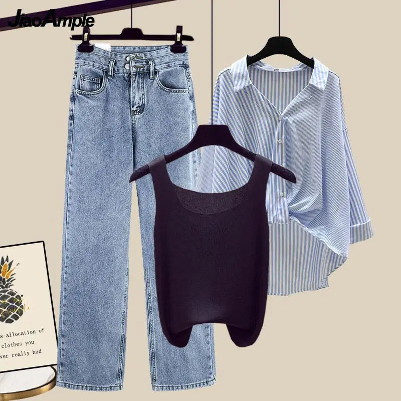 Women's Chic Jean Top and Collar Shirt 3-Piece Set