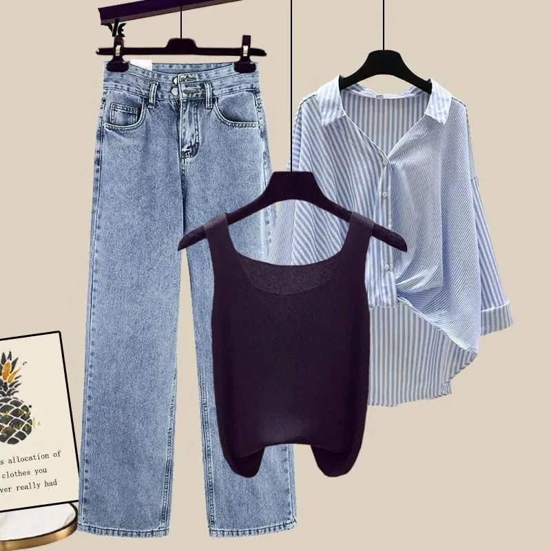 Chic Jean Top and Collar Shirt 3-Piece Set