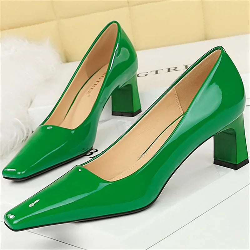 "Women’s Glossy Patent Leather Block Low Heels - 6cm High Square Toe Pumps"