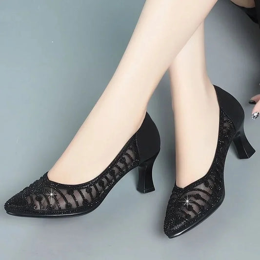 "Chic Hollow-Out Golden High-Quality Square Heel Mesh Pumps for Women – Perfect for Sexy Parties!"