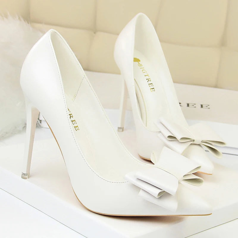 "Classic High Heel Stiletto Pumps with Bow-Knot - Luxury PU Leather Women's Banquet Shoes"