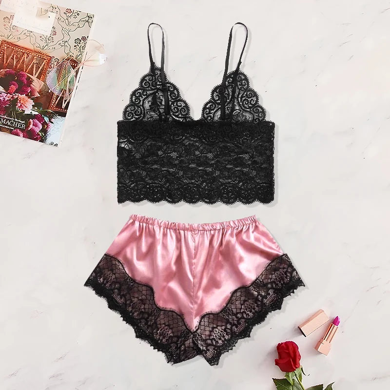 Summer 2 Pcs Women's New Sexy Lace See-Through Pajamas Black Pink Cute Clothes Comfortable Breathable Suspender Shorts Set