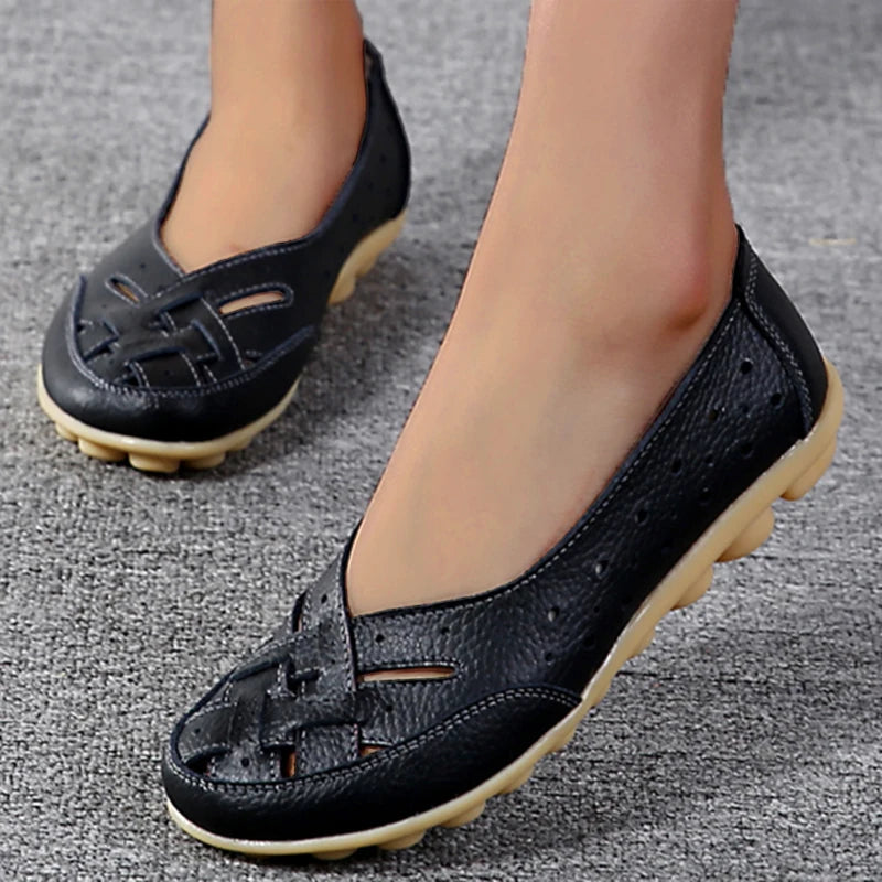 Genuine Leather Women's Hollow Slip-On Flats - Stylish Designer Oxford Shoes for Walking