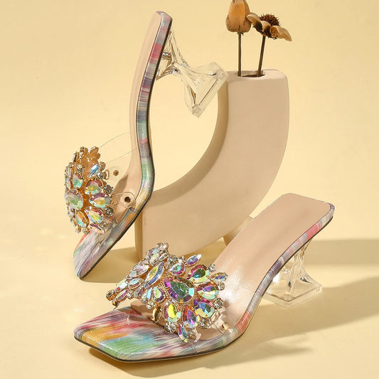 "Summer French Style Fairy Open Toe Rhinestone High Heel Sandals with Comfortable Thick Heels and Multicolor Stones"