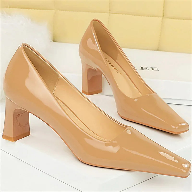 "Women’s Glossy Patent Leather Block Low Heels - 6cm High Square Toe Pumps"