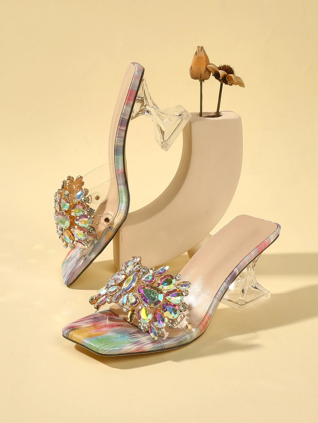 "Summer French Style Fairy Open Toe Rhinestone High Heel Sandals with Comfortable Thick Heels and Multicolor Stones"