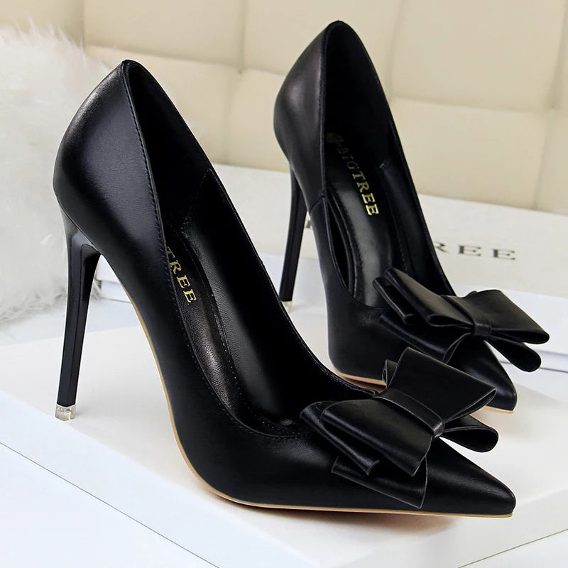 "Classic High Heel Stiletto Pumps with Bow-Knot - Luxury PU Leather Women's Banquet Shoes"