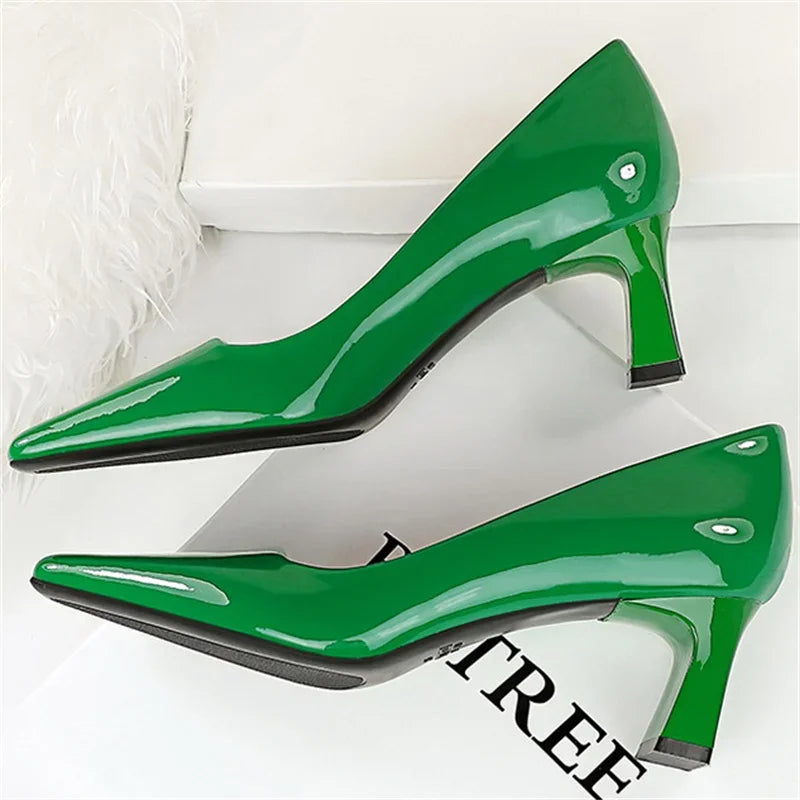 "Women’s Glossy Patent Leather Block Low Heels - 6cm High Square Toe Pumps"