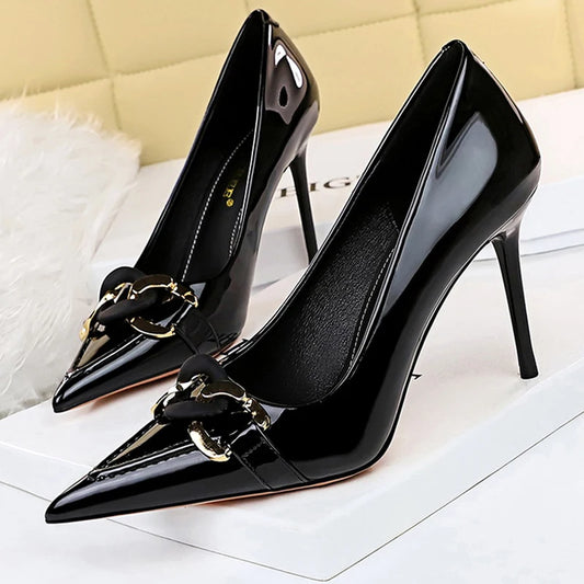 "Elegant Women's Patent Leather High Heels with Metal Belt Buckle - Stylish Stiletto Party Pumps"