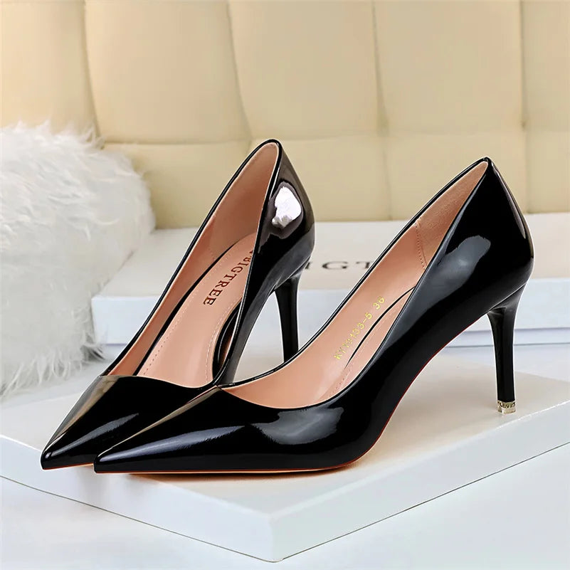 "Exquisite Women's Patent Leather Pumps - 7.5cm & 10.5cm High Heels, Metallic Stiletto Wedding Bridal Shoes."