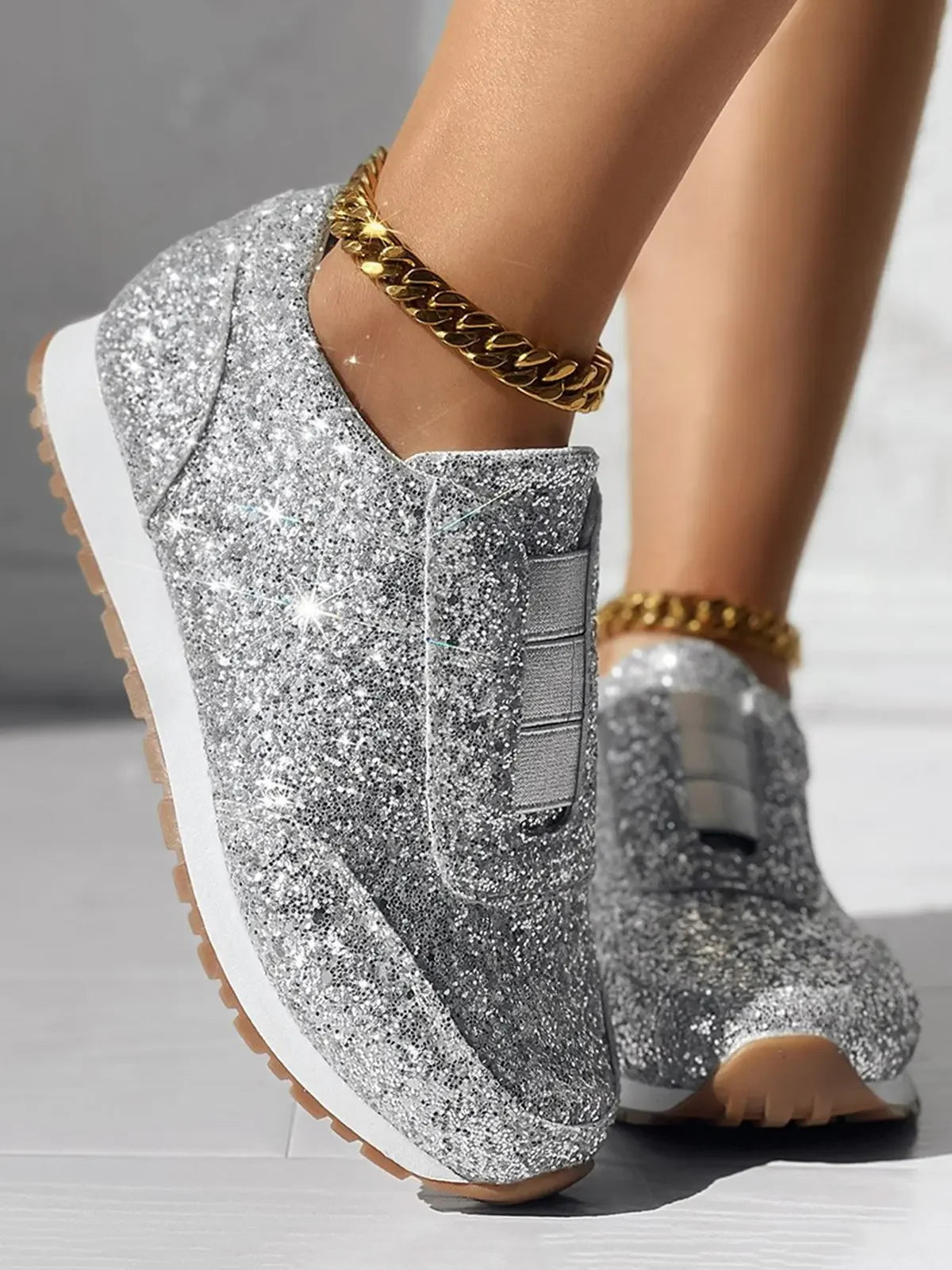 Glitter Round Toe Slip-On Canvas Sneakers for Women - Casual Sparkling Sport Shoes with Shallow Platform