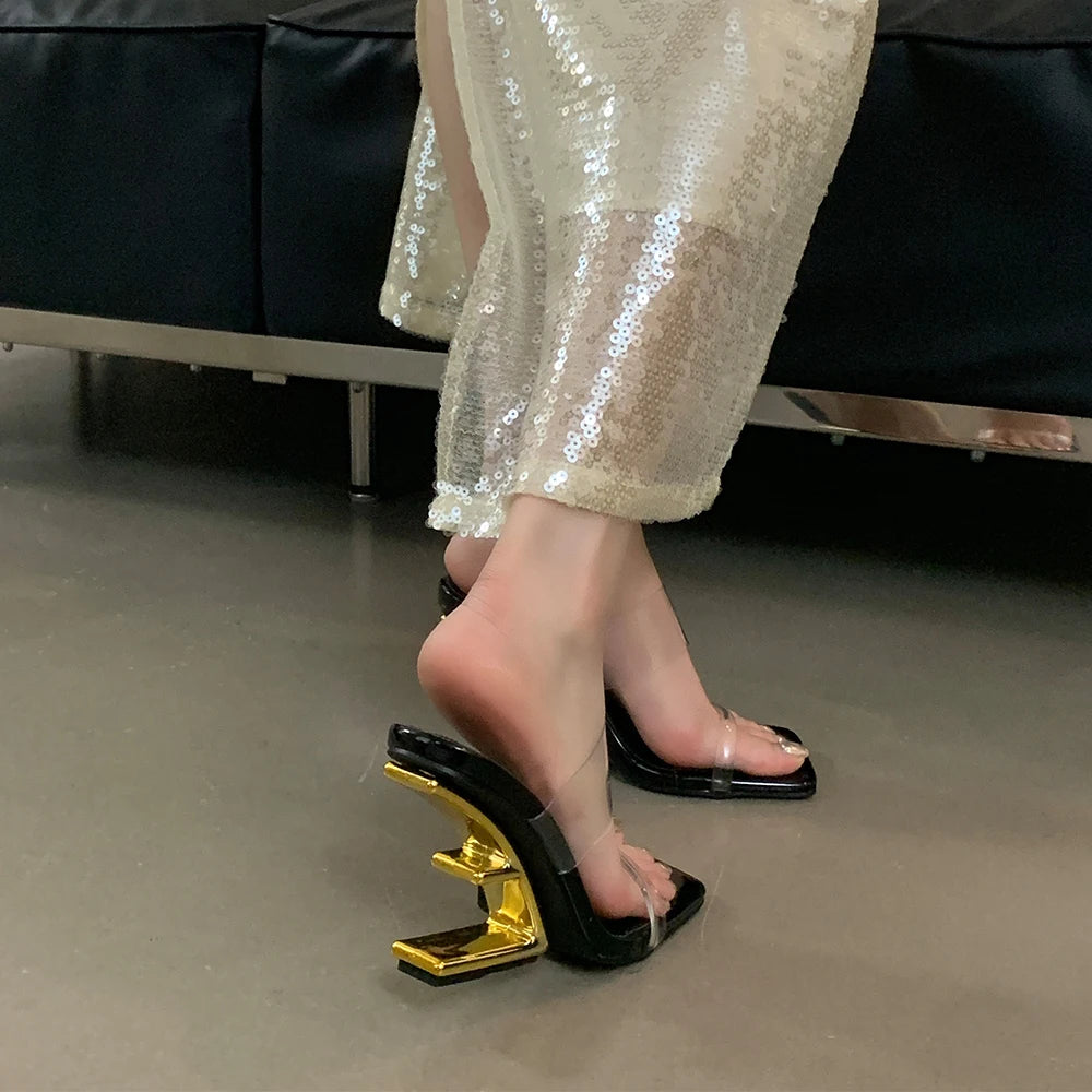 "Golden Fretwork Heel Sandals - Glamorous Summer Party Shoes for Women with Exposed Toes."