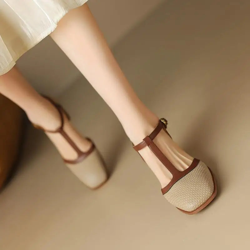 "Women's Summer Low-Heeled Square Hollow Head Casual Breathable Sandals"