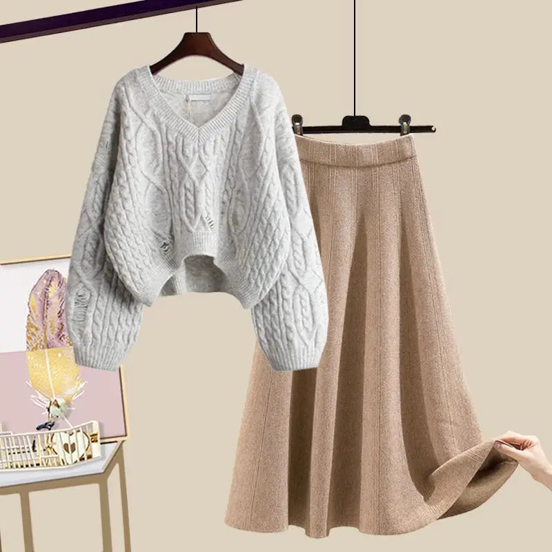 Women's Knitted Sweater & Skirt - Two Piece Set Fashion