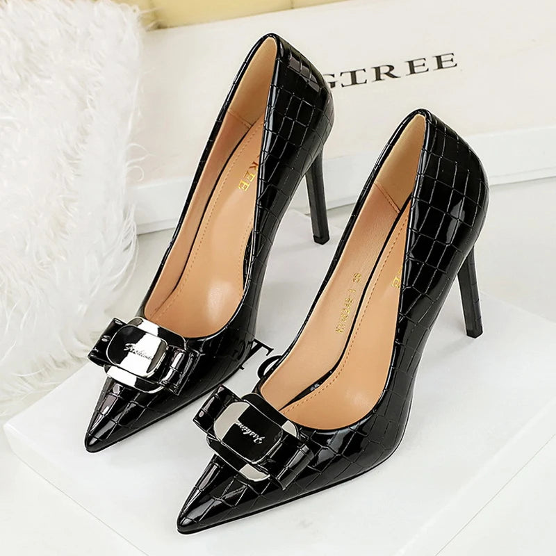 "Exquisite Fashion Statement: Patent Leather Metal Buckle Pointed Toe Heels Pumps for Elegant Women"