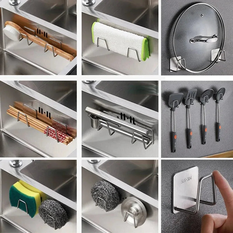 Kitchen Accessories Stainless Steel Sponge Holder Spoon Holder Pot Clips Self Adhesive Kitchen Storage Organizer Kitchen Gadgets