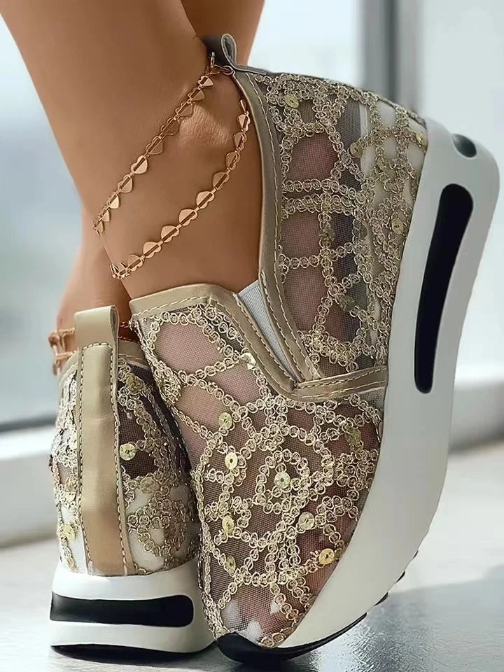 "Floral Embroidery Mesh Slip-On Sneakers for Women - Casual Comfy Heeled Shoes"