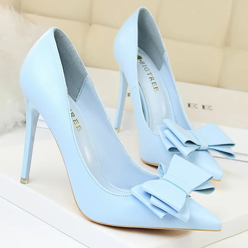 "Classic High Heel Stiletto Pumps with Bow-Knot - Luxury PU Leather Women's Banquet Shoes"