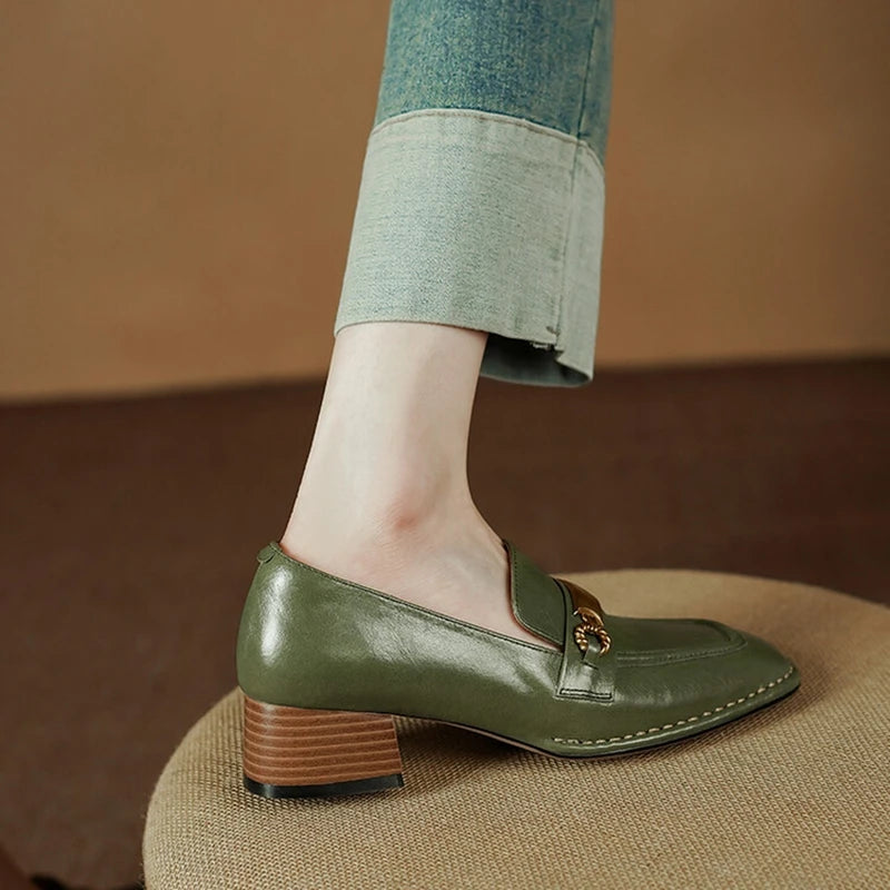 "Women’s Genuine Leather Loafers with Square Toe, Chunky Heel, and Metal Buckle – Handmade Pumps"