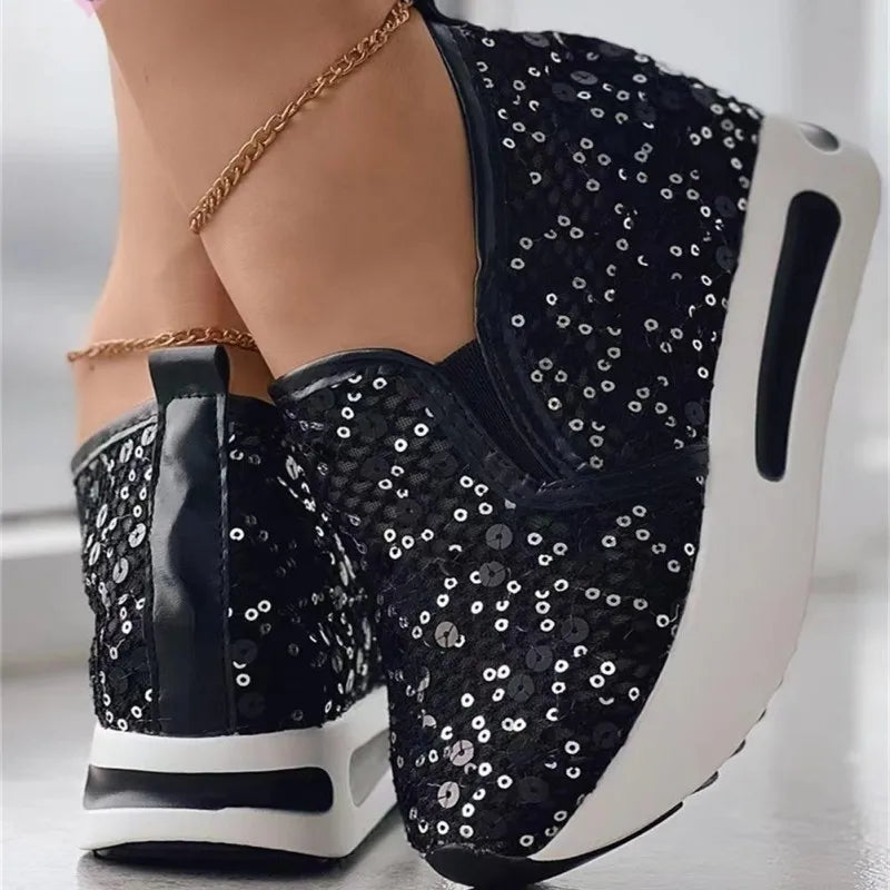 "Floral Embroidery Mesh Slip-On Sneakers for Women - Casual Comfy Heeled Shoes"