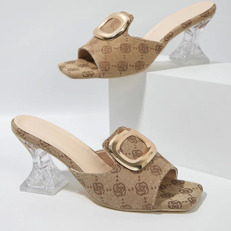 "Summer High Heel Sandals for Women - Crystal Stiletto Slide with Square Peep Toe"