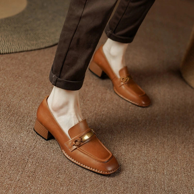 "Women’s Genuine Leather Loafers with Square Toe, Chunky Heel, and Metal Buckle – Handmade Pumps"