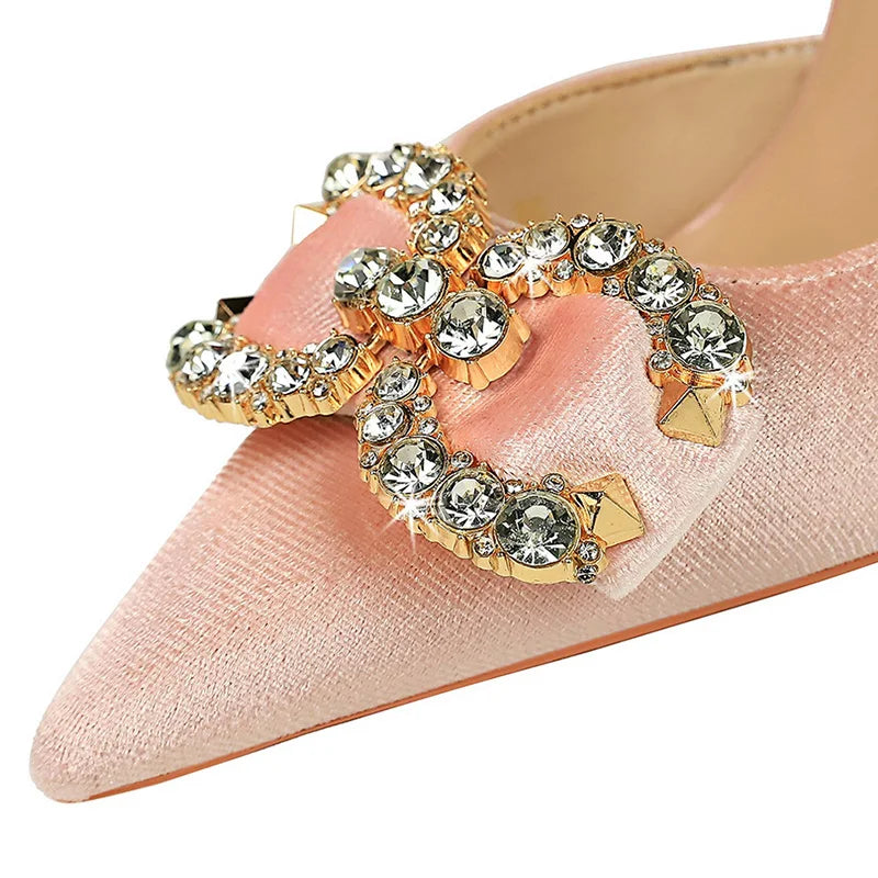 Elegant Velvet Party Pumps with 10.5cm Thin Heels, Hollow Design, Rhinestone Buckle & Butterfly Knots.