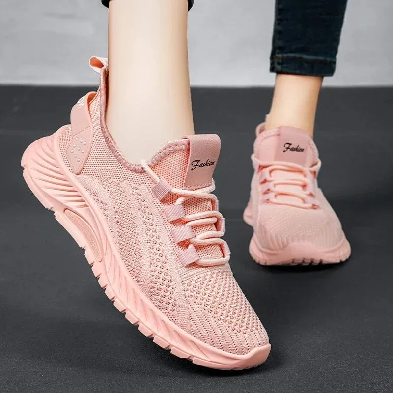 Women's Lightweight Lace-Up Flying Weave Sneakers - Comfortable Non-Slip Athletic Shoes for Gym and Casual Outdoor Wear