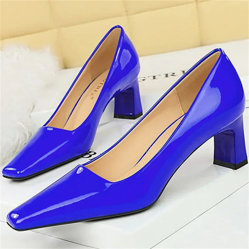 "Women’s Glossy Patent Leather Block Low Heels - 6cm High Square Toe Pumps"