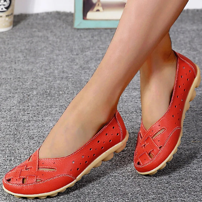 Genuine Leather Women's Hollow Slip-On Flats - Stylish Designer Oxford Shoes for Walking