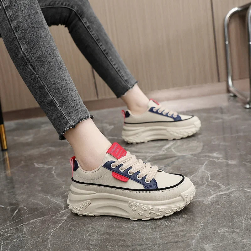 "Leisure Women Chunky Sneakers Female Mid Heels Lace Up Shoes"