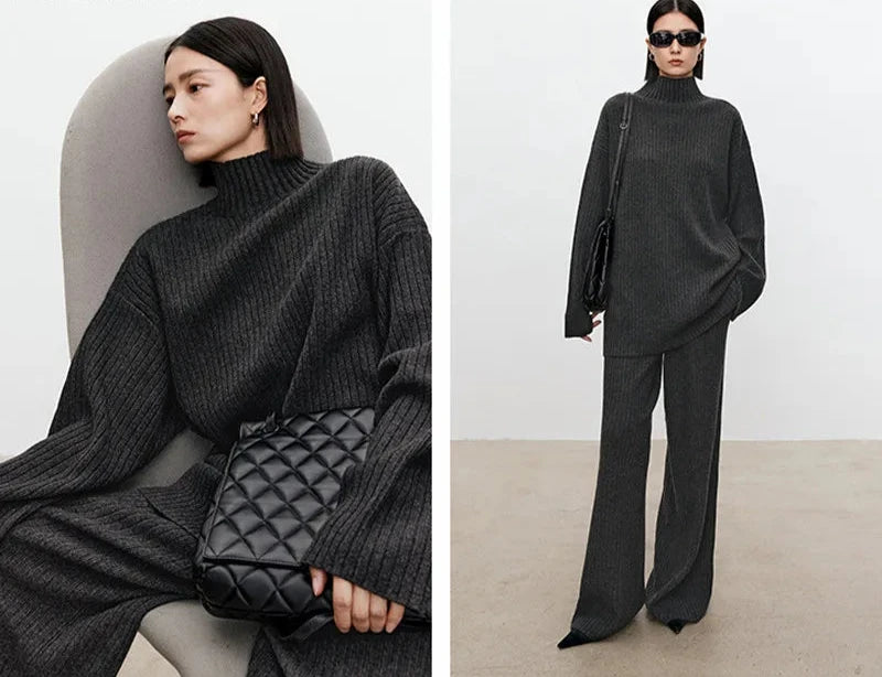 "Cozy Long Sweater and Chic Trousers Duo"