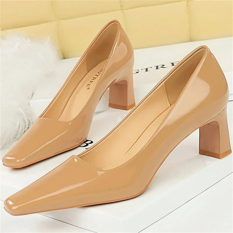 "Women’s Glossy Patent Leather Block Low Heels - 6cm High Square Toe Pumps"