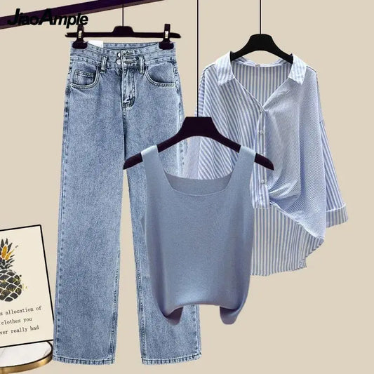 Women's Chic Jean Top and Collar Shirt 3-Piece Set