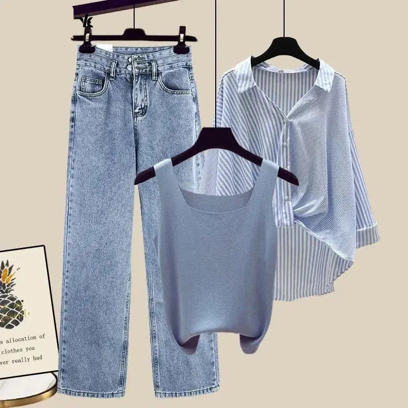 Chic Jean Top and Collar Shirt 3-Piece Set