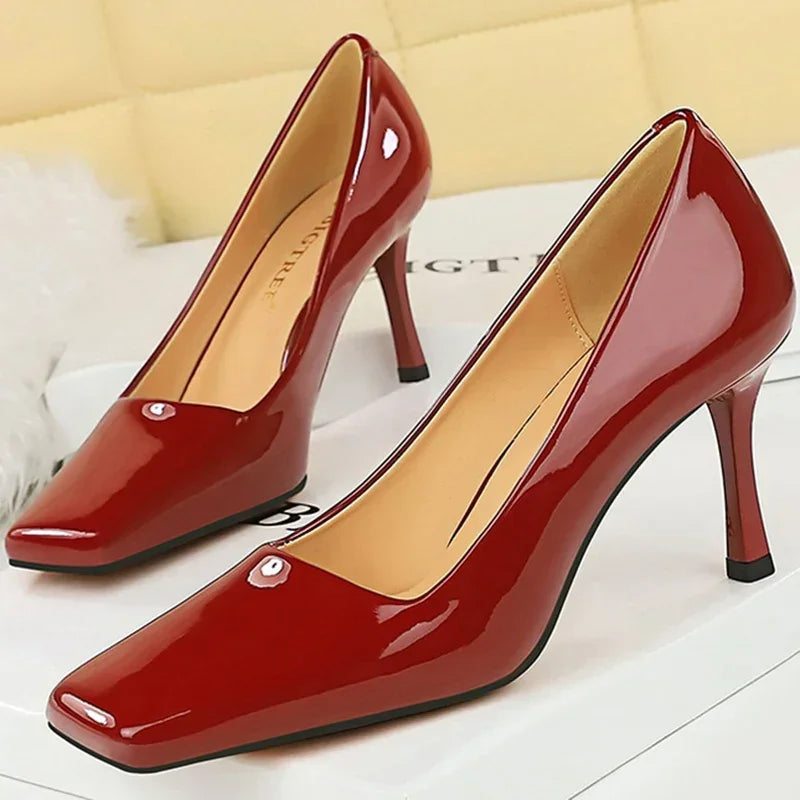 "Glossy Leather 8.5cm High Heels Pumps - Stylish Office & Prom Shoes for Women"