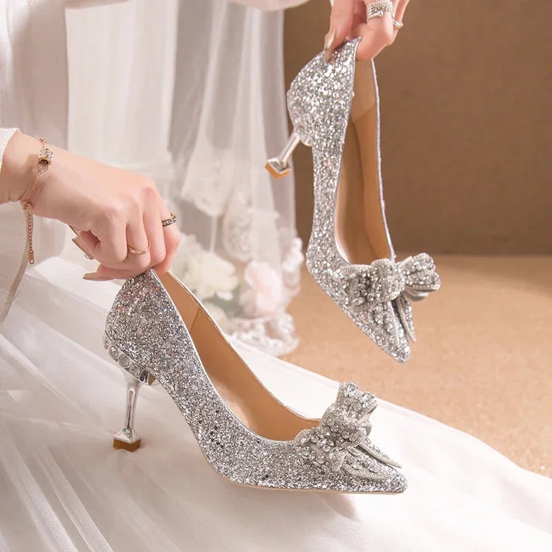 "Luxury Rhinestone Buckle Wedding Shoes for Women – High Heels with Pointed Toe in Gold, Silver, and Red (8.5cm Heel)"