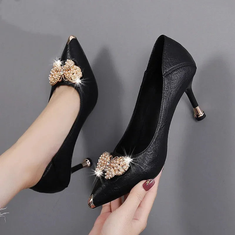 "Elegant Black Stiletto Heel Pumps with Metal Clips - Chic Comfort for Spring/Summer Night Out!"