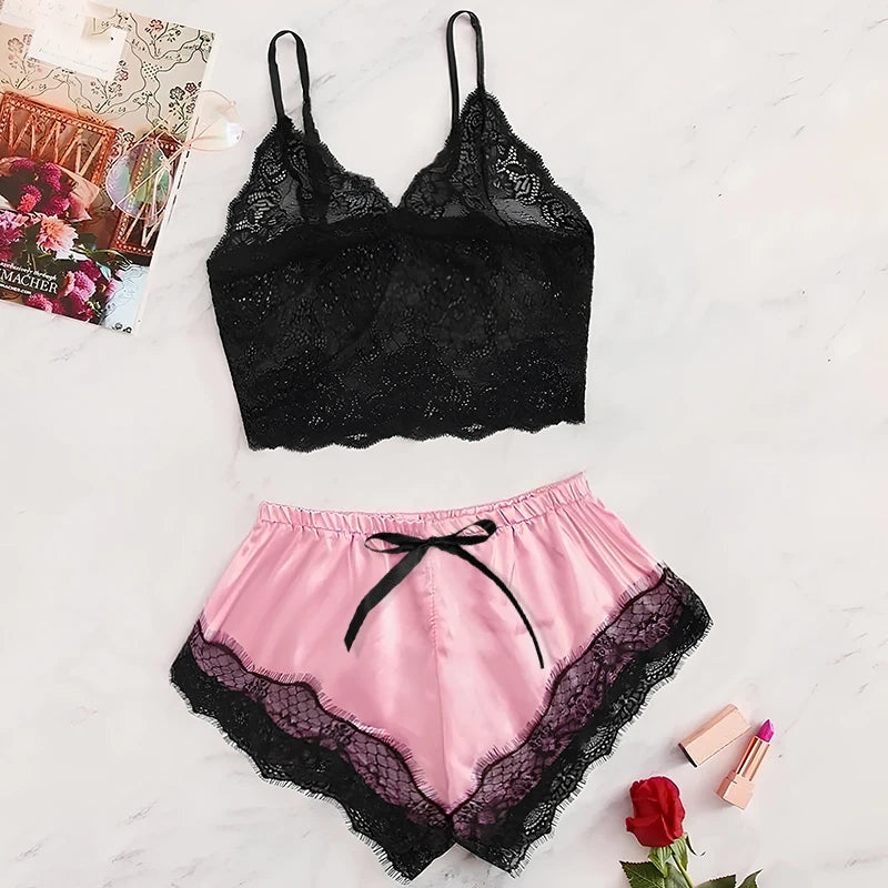 Summer 2 Pcs Women's New Sexy Lace See-Through Pajamas Black Pink Cute Clothes Comfortable Breathable Suspender Shorts Set